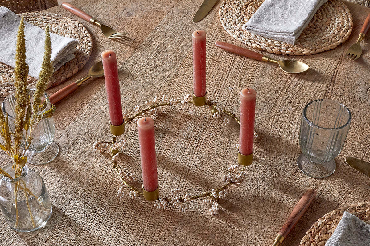 Tanu Mango Wood Beaded Candle Holder - Brass & Natural
