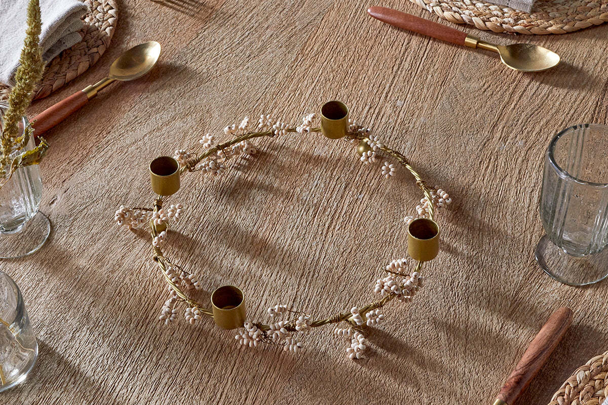 Tanu Mango Wood Beaded Candle Holder - Brass & Natural