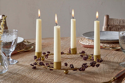 Tanu Mango Wood Beaded Candle Holder - Brass & Ruby