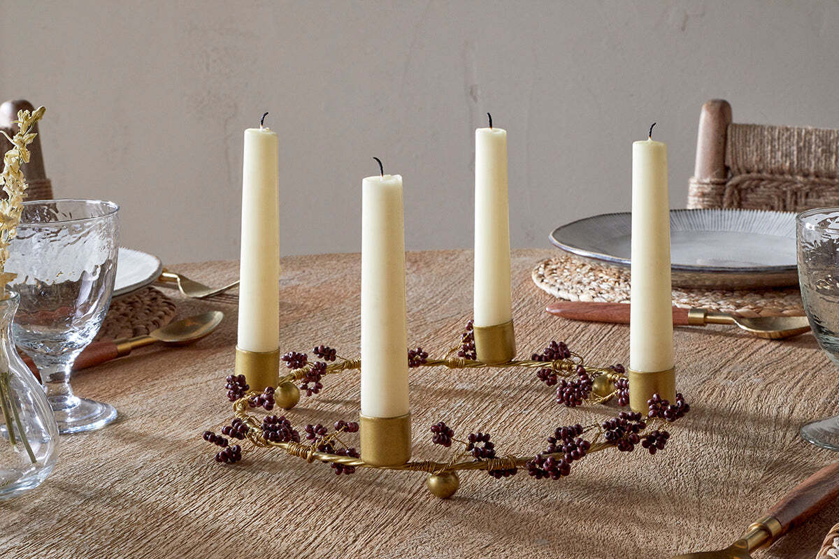 Tanu Mango Wood Beaded Candle Holder - Brass & Ruby