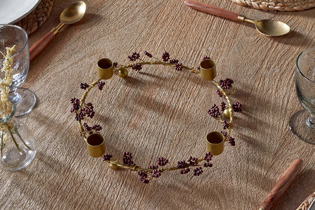 Tanu Mango Wood Beaded Candle Holder - Brass & Ruby
