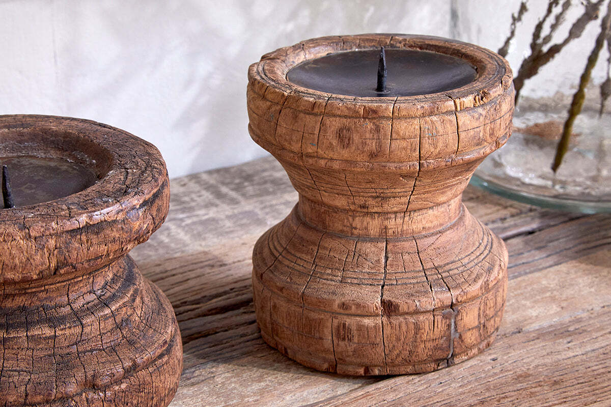 Thoko Reclaimed Round Candlestick - Dark Stain