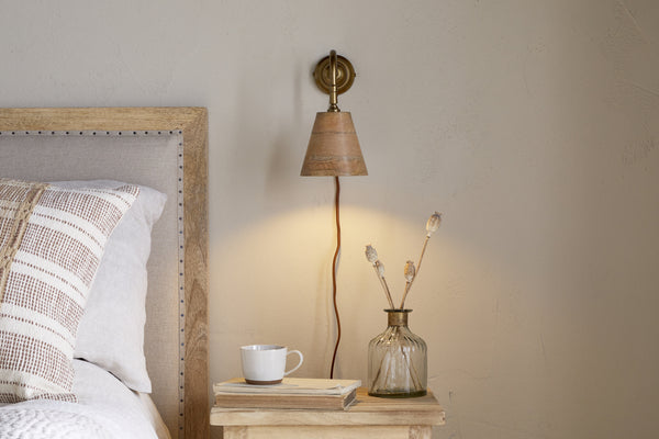 Vattu Mango Wood Plug In Wall Lamp - Natural & Antique Brass