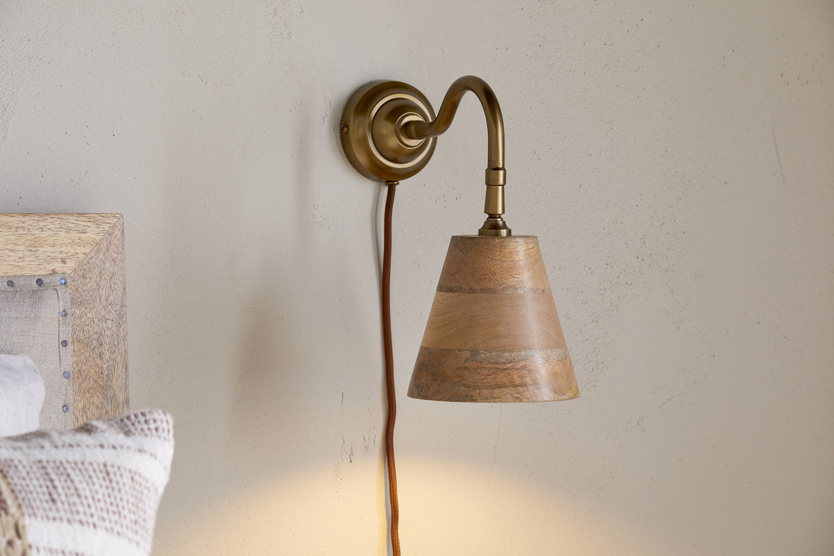 Vattu Mango Wood Plug In Wall Lamp - Natural & Antique Brass