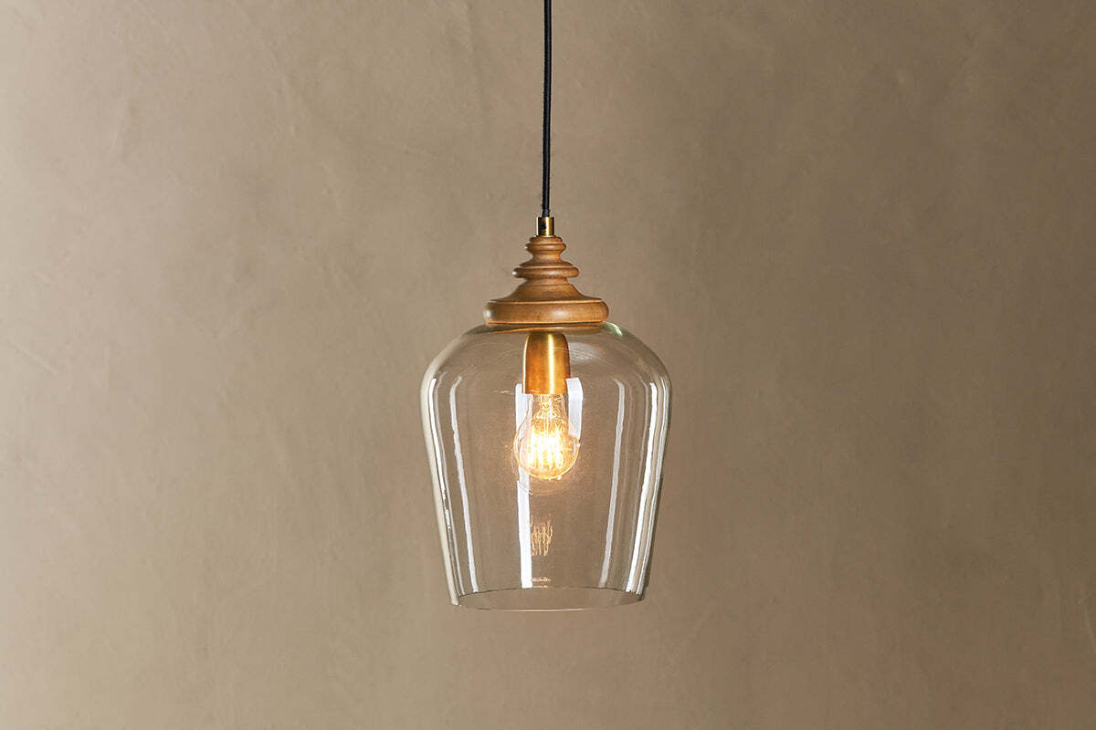 Varuna Mango Wood & Glass Pendant Lamp - Natural & Clear