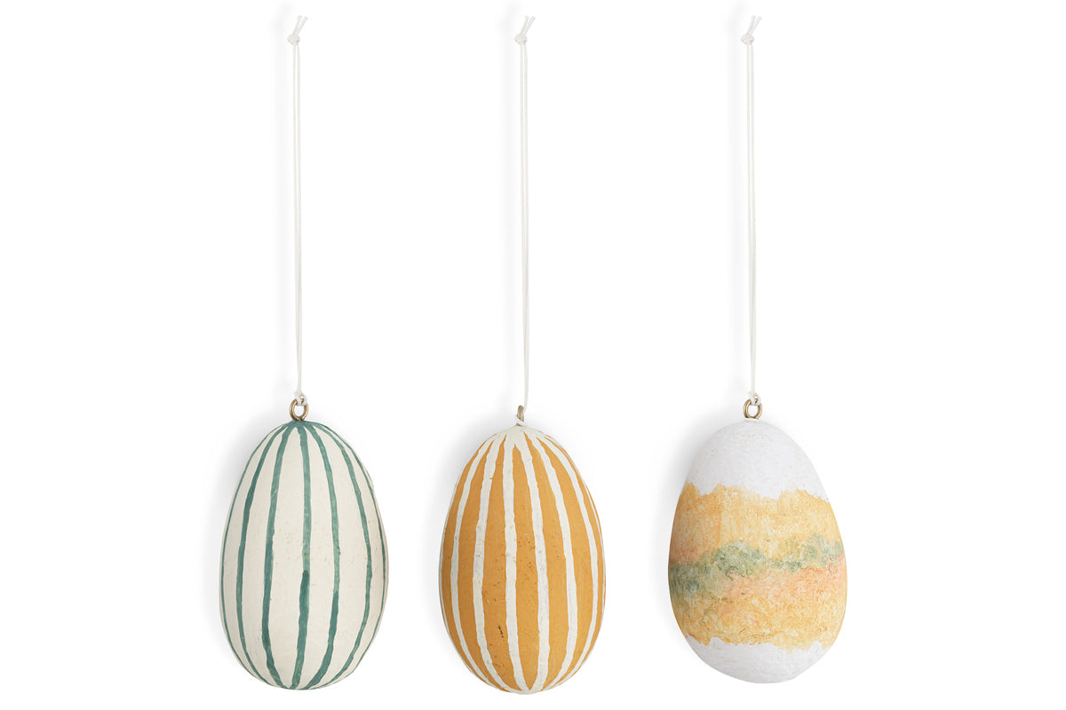 Terra Hand Painted Recycled Cotton Paper Hanging Egg - Teal, Cream & Ochre - (Set of 3)