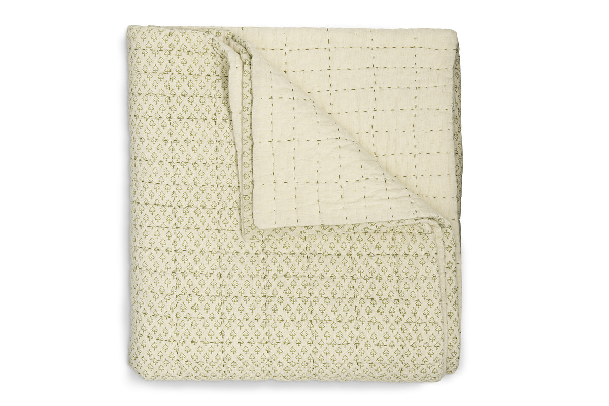 Peplu Cotton & Linen Screen Print Bed Quilt - Sage Green