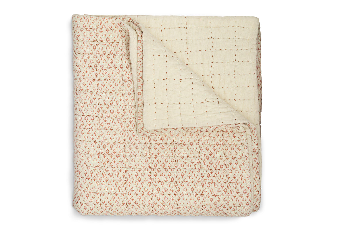 Peplu Cotton & Linen Screen Print Bed Quilt - Rust