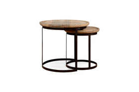 Nisha Carved Reclaimed Wood & Iron Nesting Side Tables - Natural - (Set of 2)