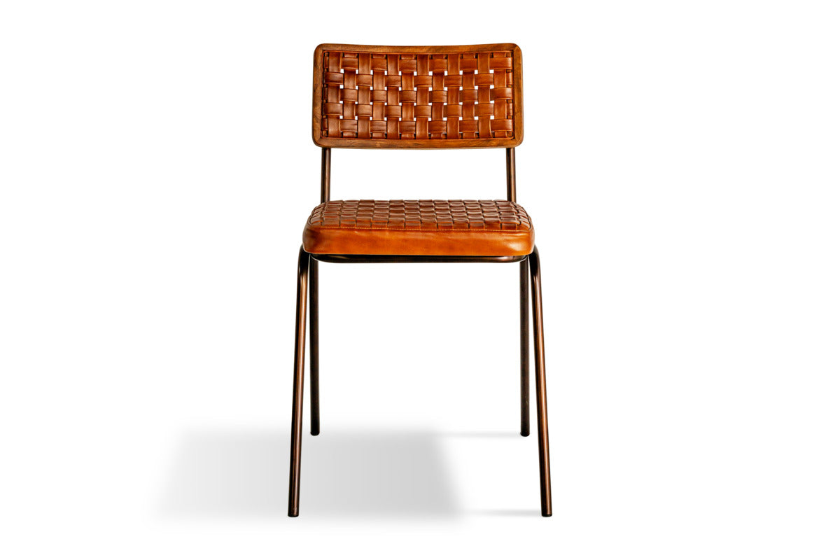 Amala Leather Weave & Iron Dining Chair - Aged Tan
