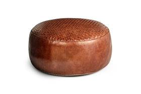 Farida Leather Weave Pouf - Chocolate Brown