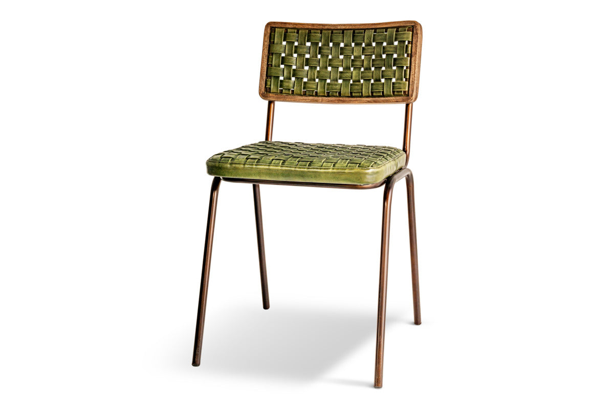 Amala Leather Weave & Iron Dining Chair - Rich Green