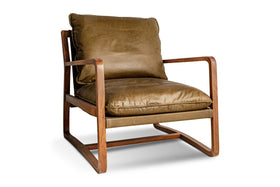 Baloo Acacia Wood & Leather Occasional Chair - Olive Green