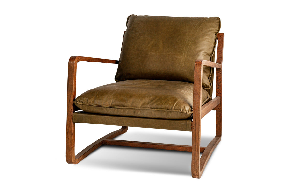 Baloo Acacia Wood & Leather Occasional Chair - Olive Green