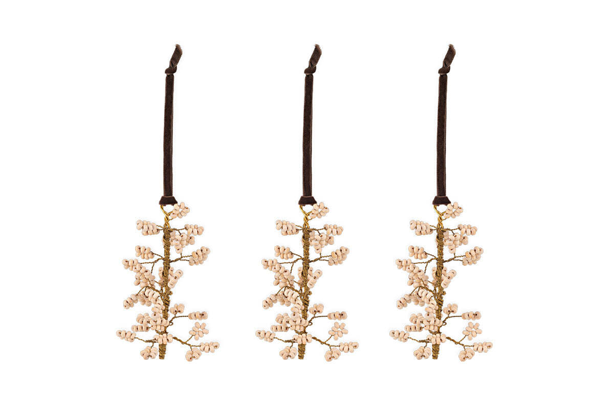 Tanu Mango Wood Beaded Baubles - Brass & Natural (Set of 3)