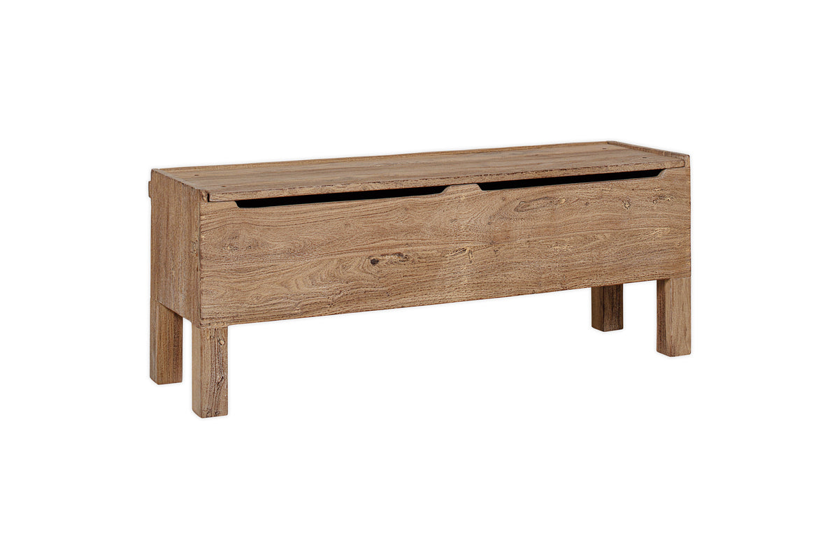Teni Reclaimed Wood Storage Bench with Upholstered Linen Cushion - Natural