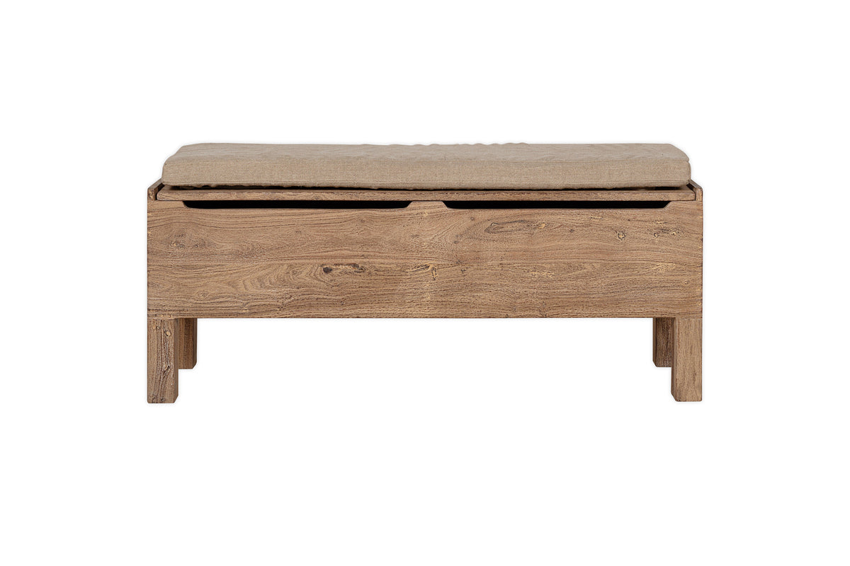 Teni Reclaimed Wood Storage Bench with Upholstered Linen Cushion - Natural