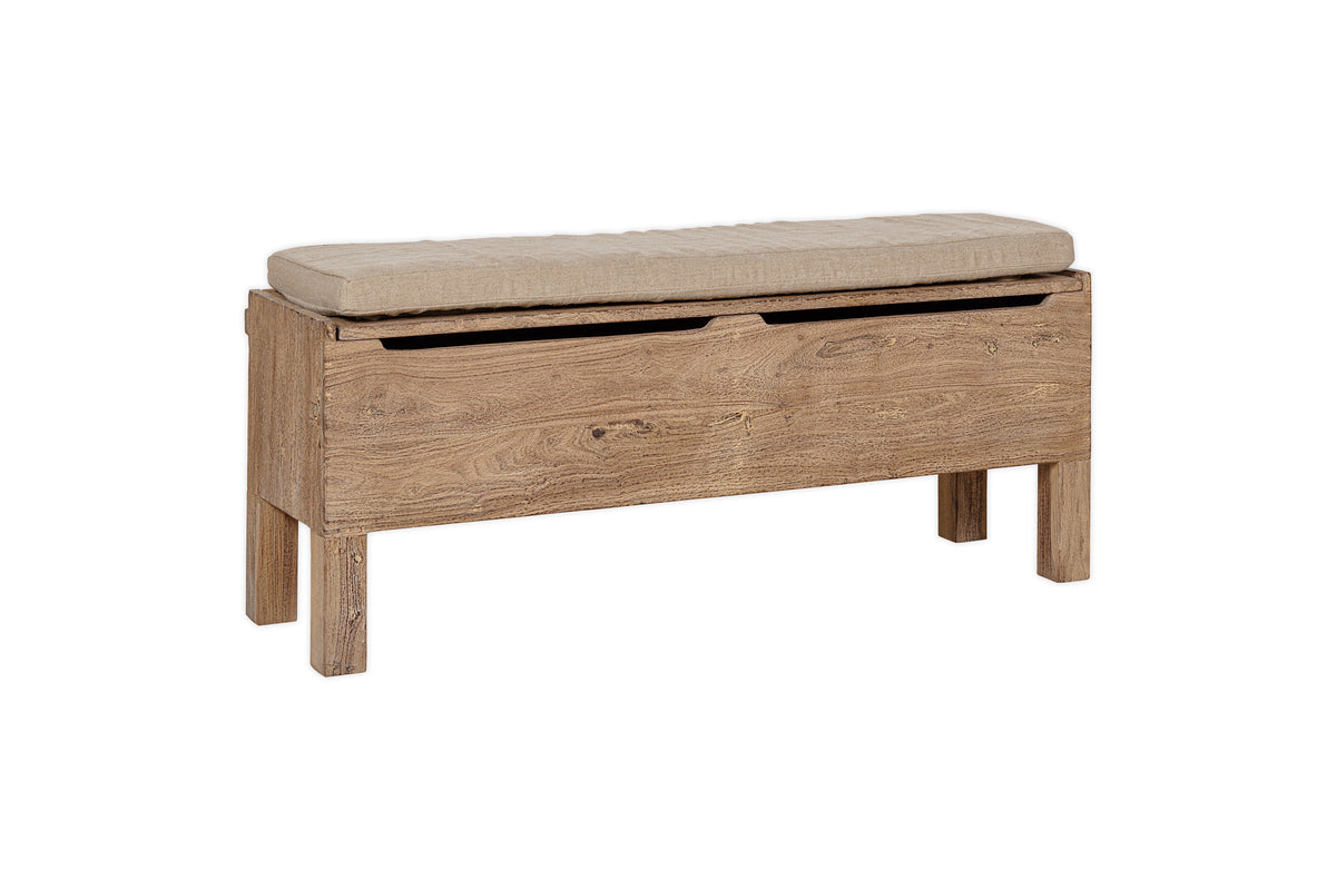Teni Reclaimed Wood Storage Bench with Upholstered Linen Cushion - Natural