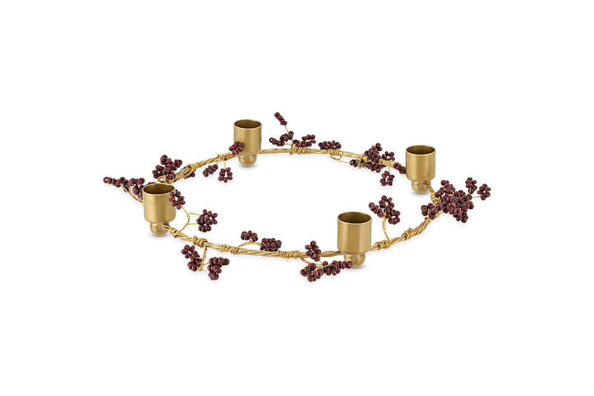 Tanu Mango Wood Beaded Candle Holder - Brass & Ruby
