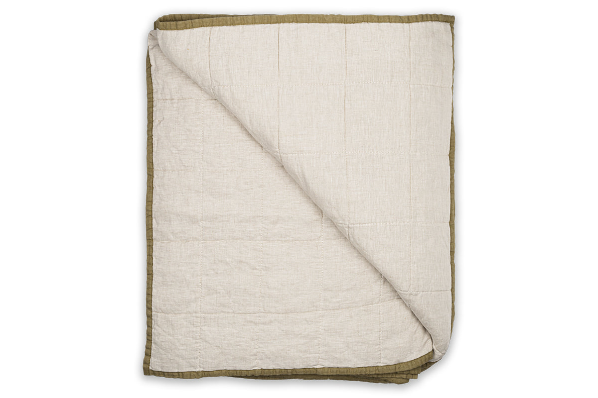 Amar Linen Bed Quilt - Olive