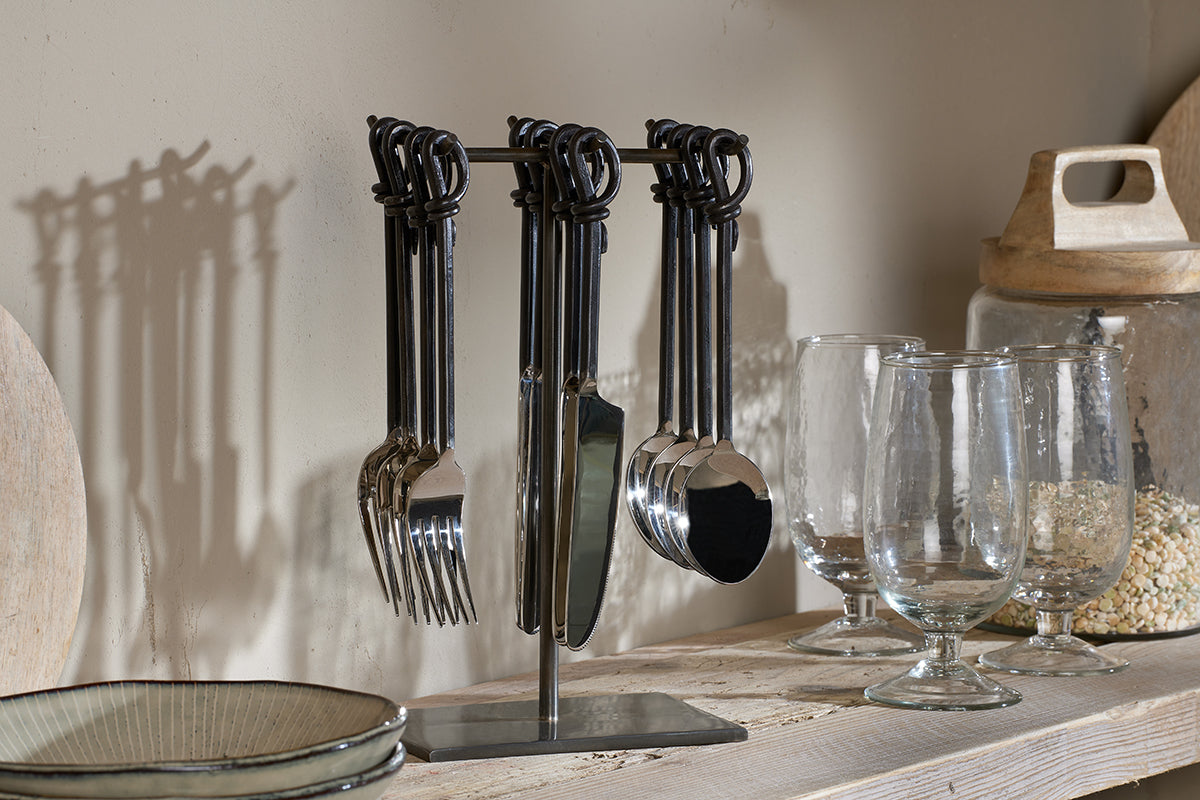 Banda Cutlery Set & Stand - Matt Black (Set of 12)