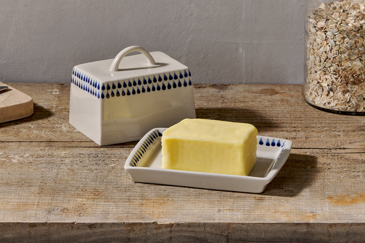 Indigo Drop Butter Dish - Cream & Indigo