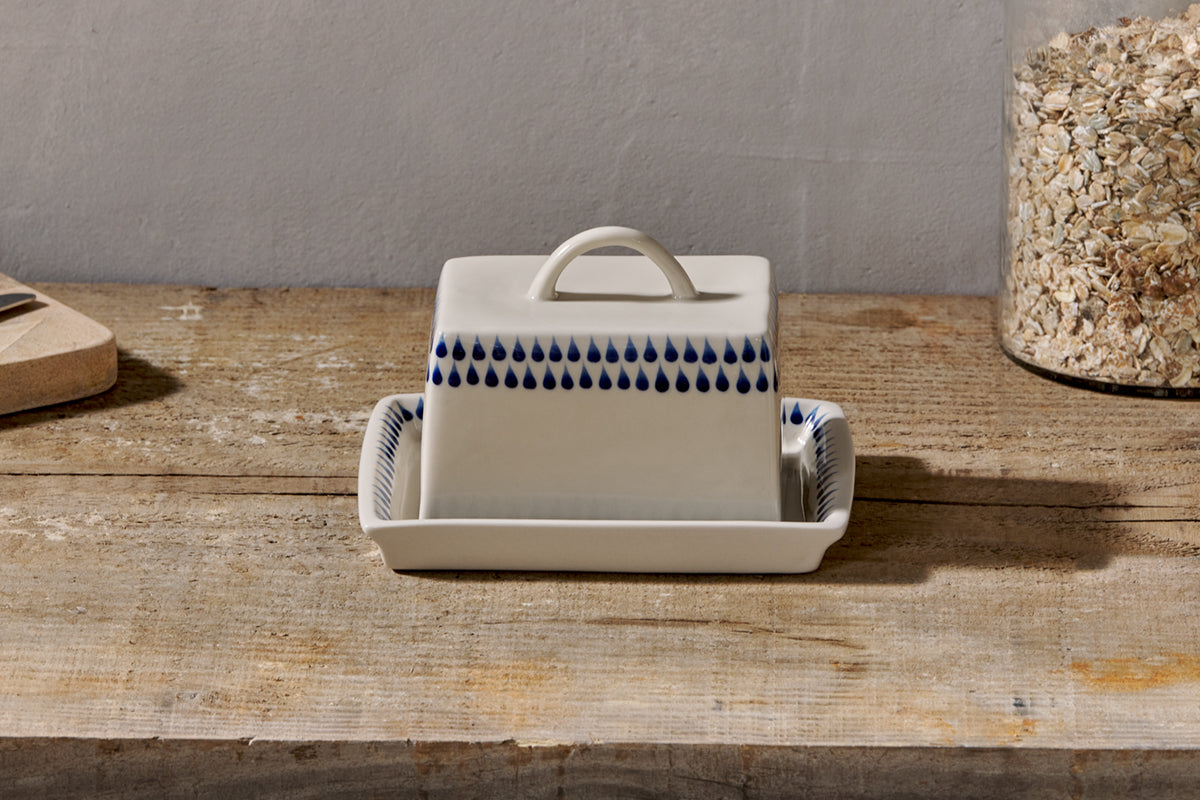 Indigo Drop Butter Dish - Cream & Indigo