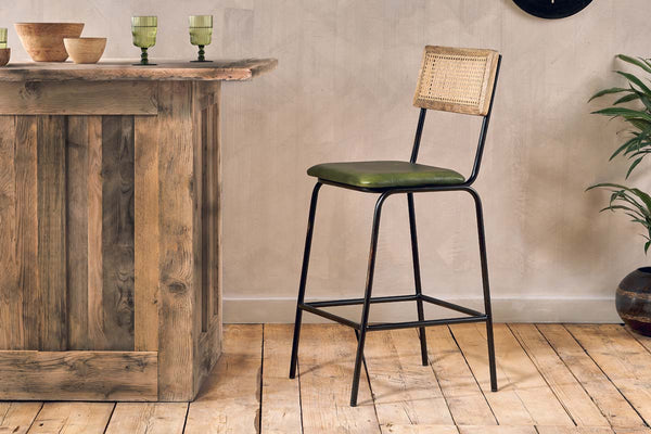 Iswa Leather & Cane Counter Chair - Rich Green