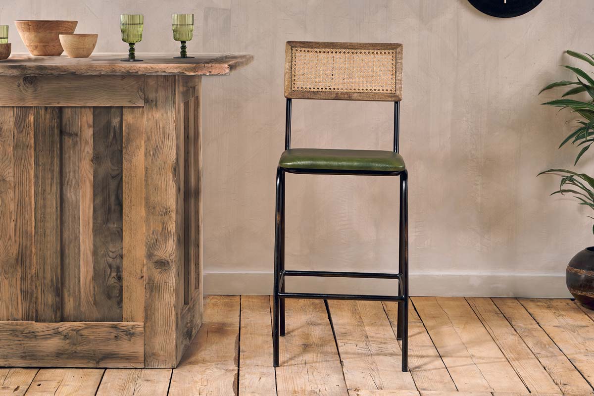 Iswa Leather & Cane Counter Chair - Rich Green