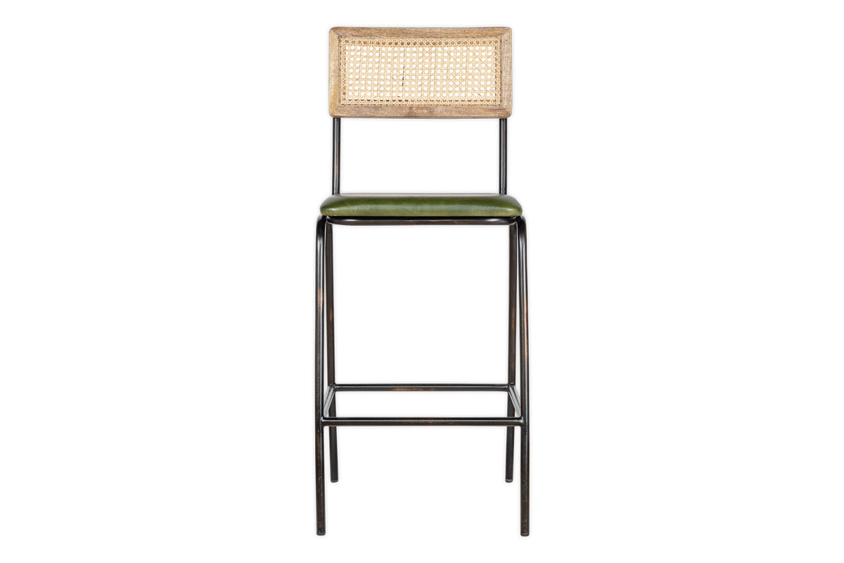 Iswa Leather & Cane Counter Chair - Rich Green