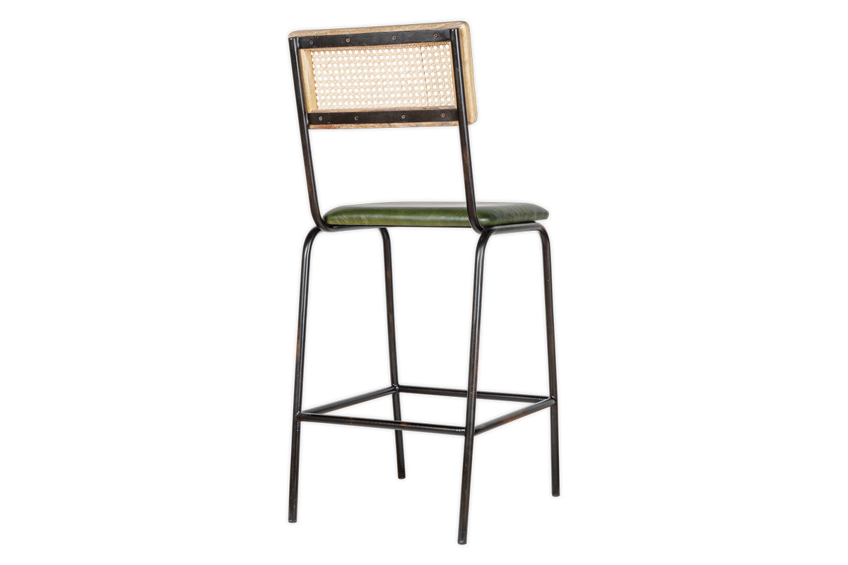 Iswa Leather & Cane Counter Chair - Rich Green