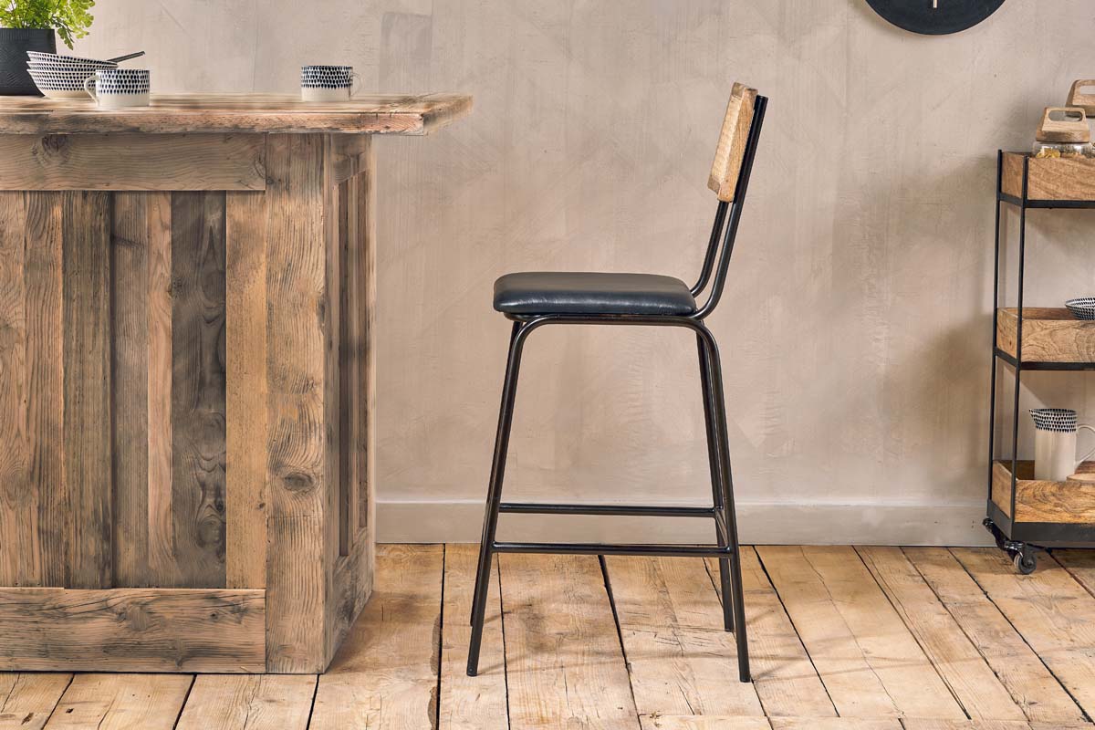 Iswa Leather & Cane Counter Chair - Aged Black