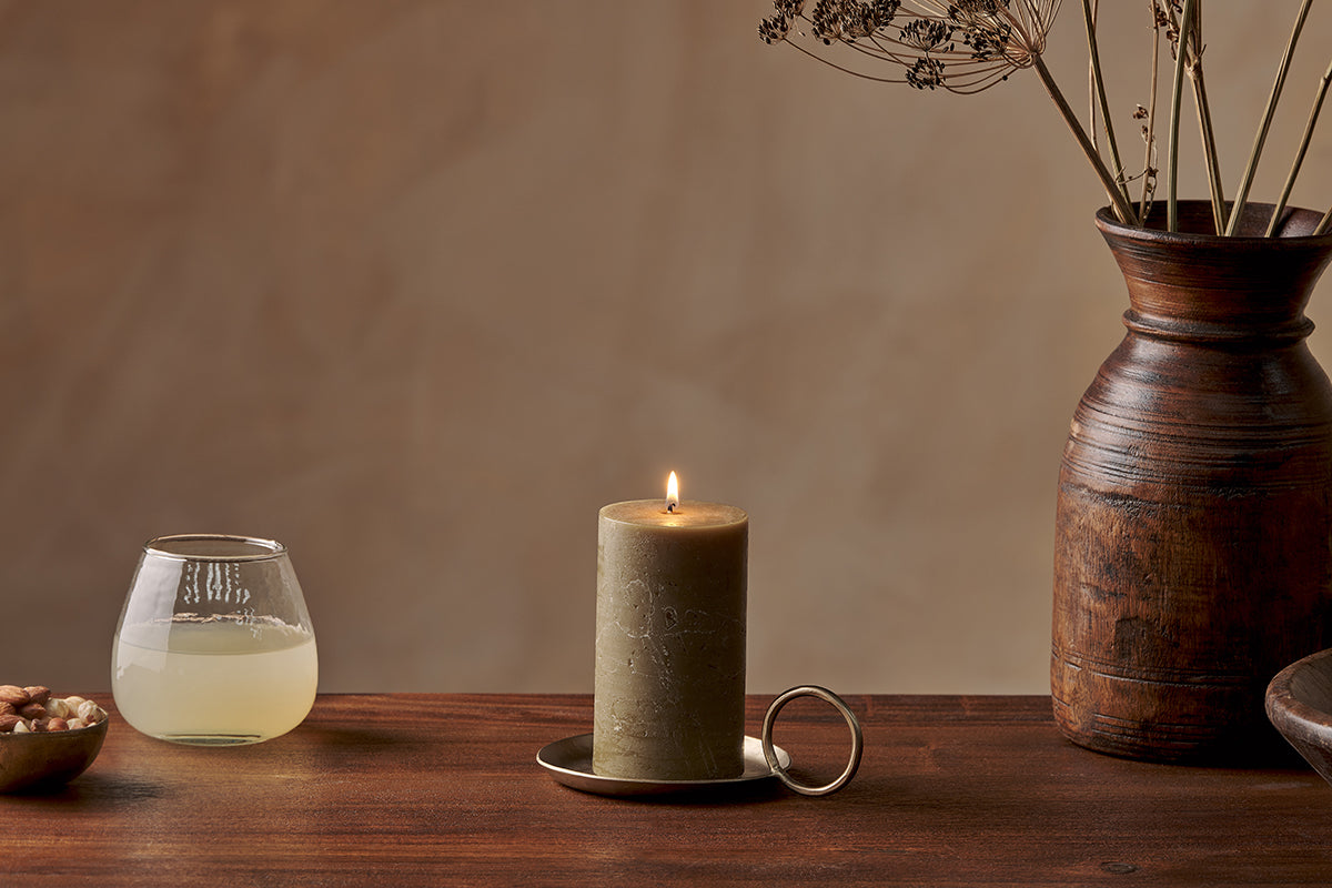 Rustic Soy Blend Pillar Candle - Olive Green - Small 15 x 8 cm