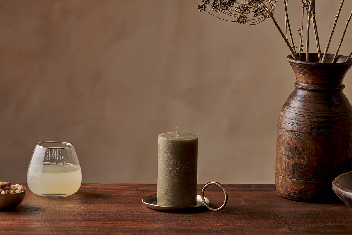 Rustic Soy Blend Pillar Candle - Olive Green - Small 15 x 8 cm