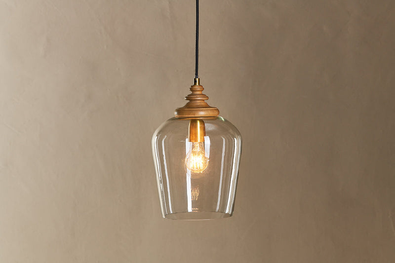 Varuna Mango Wood & Glass Pendant Lamp - Natural & Clear