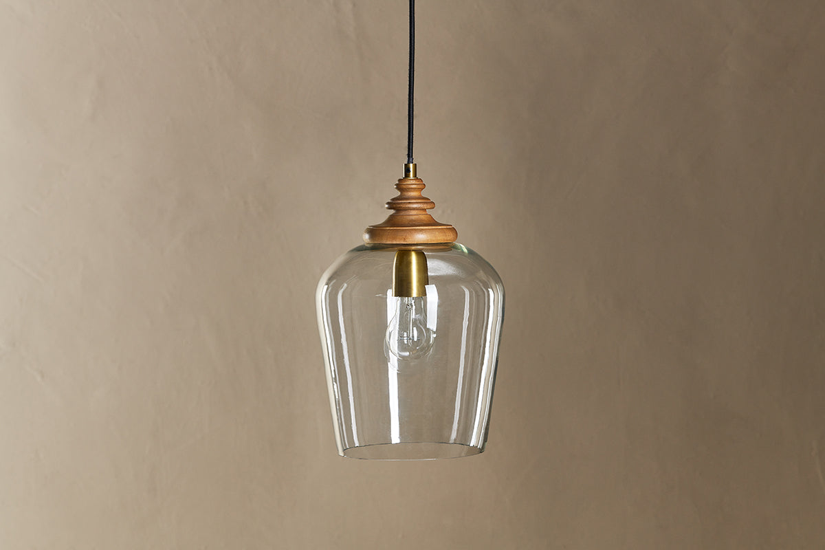 Varuna Mango Wood & Glass Pendant Lamp - Natural & Clear