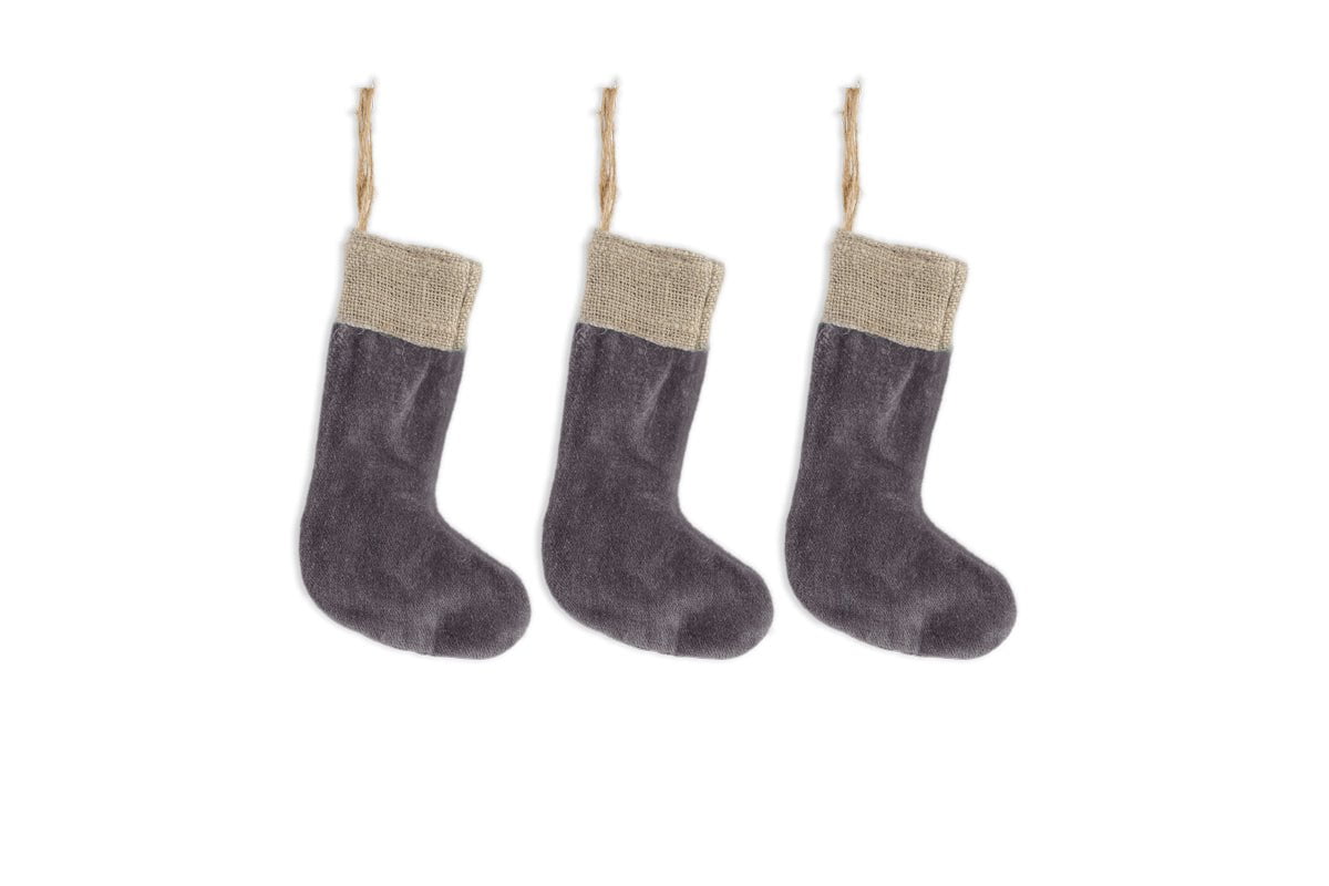 nkuku CHRISTMAS DECORATIONS Karru Cotton Velvet Mini Stocking - Charcoal - (Set of 3)