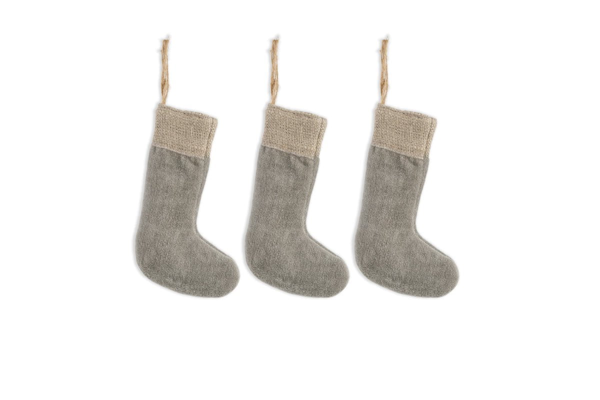 nkuku CHRISTMAS DECORATIONS Karru Cotton Velvet Mini Stocking - Light Grey - (Set of 3)