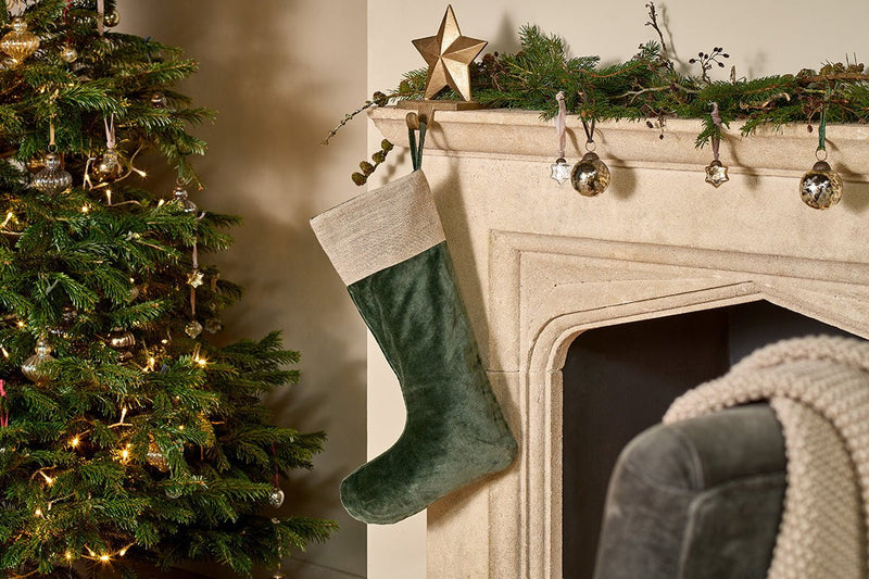 Nkuku CHRISTMAS DECORATIONS Karru Cotton Velvet Stocking - Forest Green