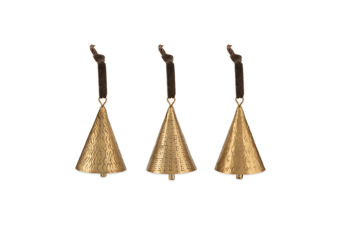 nkuku CHRISTMAS DECORATIONS Manya Metal Bell Baubles - Brass - (Set of 3)