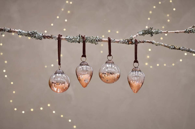 Nkuku CHRISTMAS DECORATIONS Nevasa Baubles - Clear & Antique Copper (Set of 4)