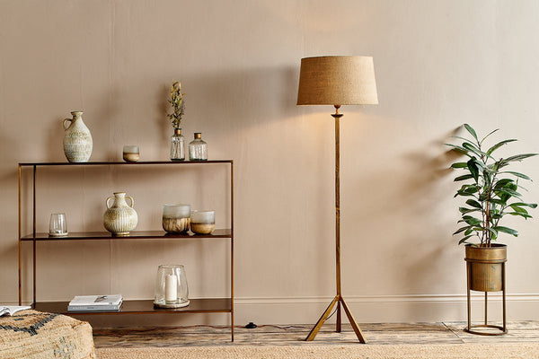 nkuku LAMPS AND SHADES Sahhil Metal Tripod Floor Lamp - Antique Brass